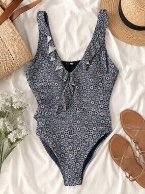 Nip Tuck Swim Blue Floral Ruffle One Piece Swimsuit US 10 Cottagecore